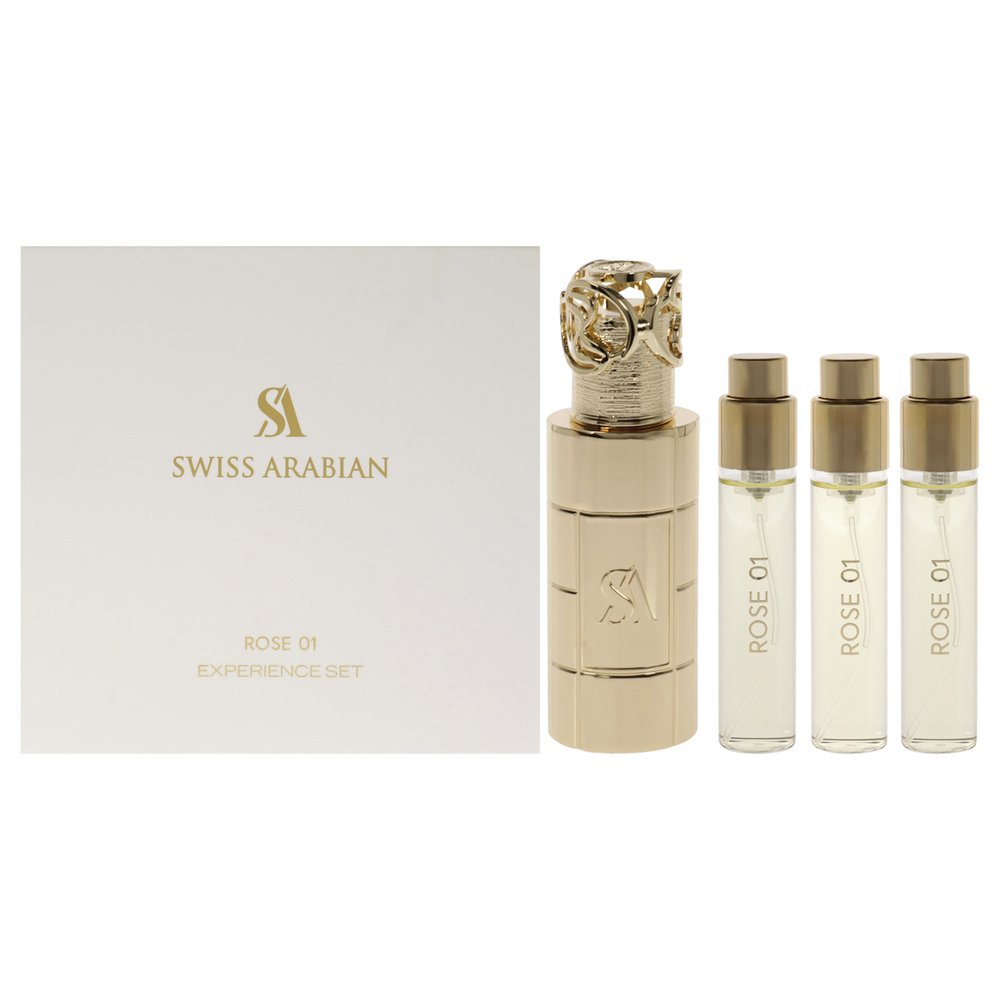 Rose 01 by Swiss Arabian 4 Pc Mini Gift Set 3 x 10ml Perfume Spray, 1 Metal Case
